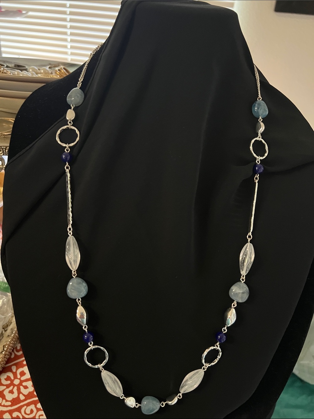 Elegant Blue & Clear Beaded Silver-Link Necklace - Women Jewelry